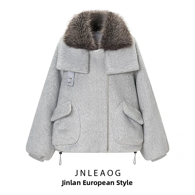 

JNLEAOG Модное осеннее женское пальто из смесового хлопка с большим меховым воротником, универсальная верхняя одежда из полиэстера для женщин