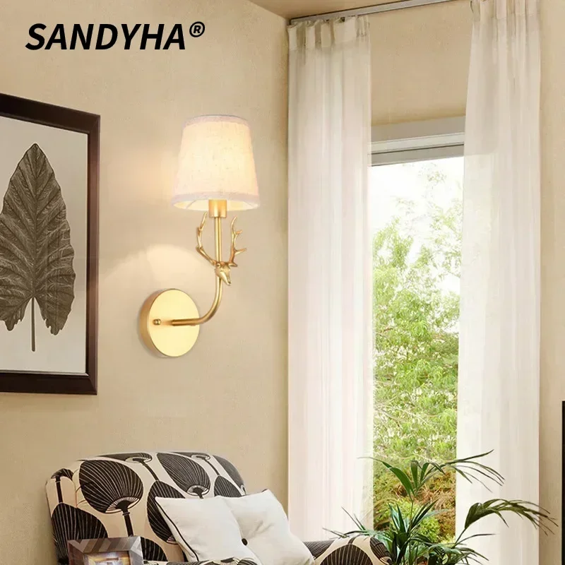 SANDYHA Modern European Deer Head Led Wall Lamp All Copper Light Room Suitable for Home Decor Study Bedroom Kitchen Lighting