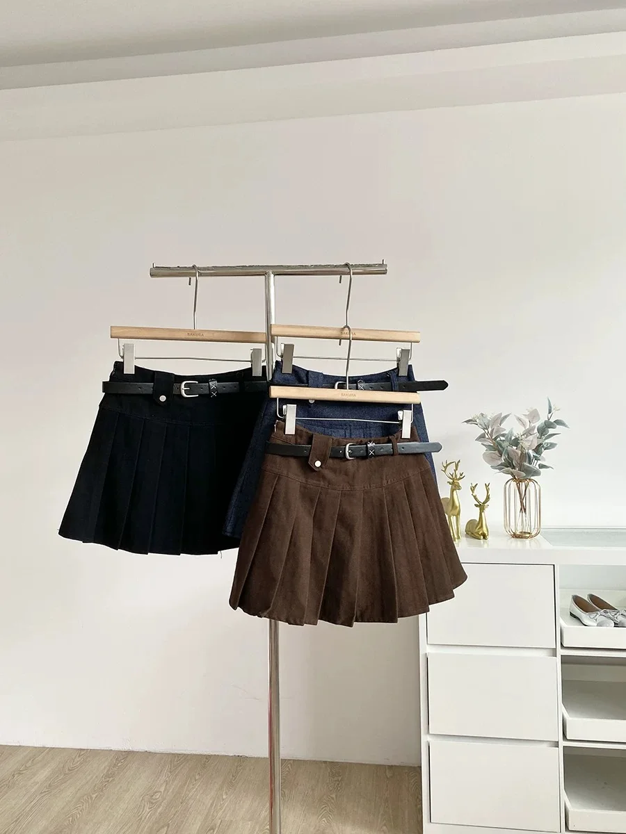 

Женская летняя осенняя плиссированная джинсовая юбка трапециевидной формы с высокой талией, женская уличная одежда, однотонная шикарная короткая юбка