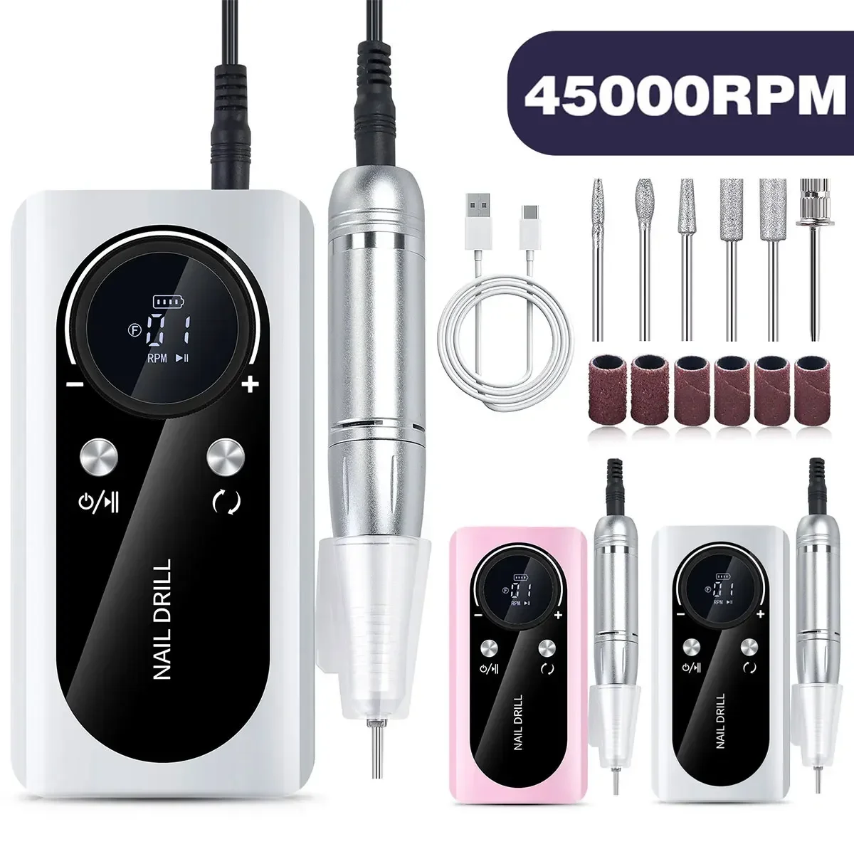 Professional 45000RPM Electric Portable Nail Drill Machine Rechargeable Low Noise Nail Sander File for Manicure Salon Tool