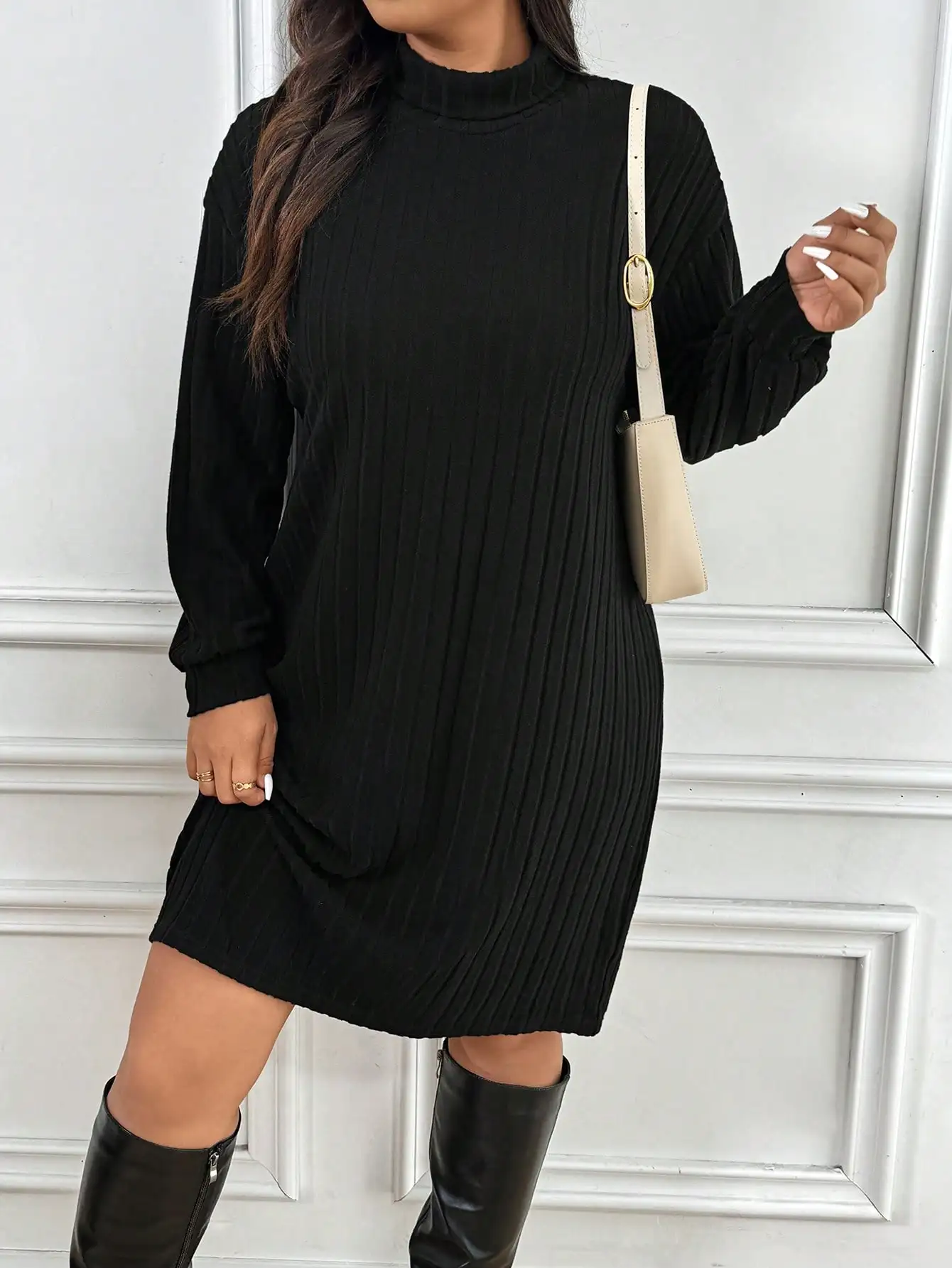 

Black Ribbed Turtleneck Long Sleeve Knit Dress for Spring Casual Wear