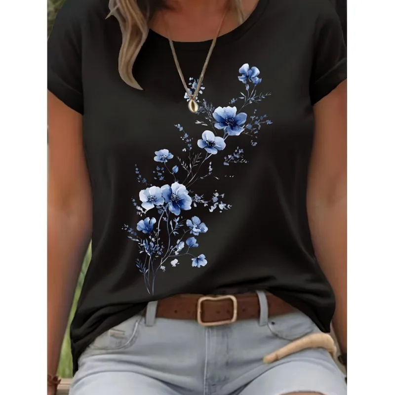 

Casual Summer Women's Cotton T-shirts Print Blue Flowers Loose And Slimming Design Tops Round Neck Commuter Home Office Clothes