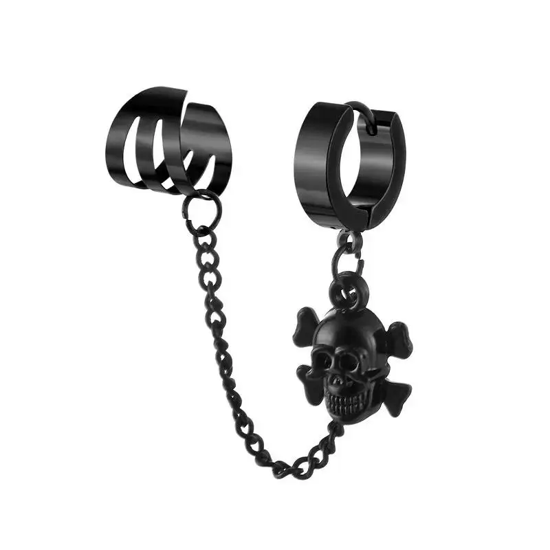 1PC Stainless Steel Cross Skull Star Pendant Ear Clip Earring for Men Women Punk Silver Color Tassel Chain Hoop Earrings Jewelry