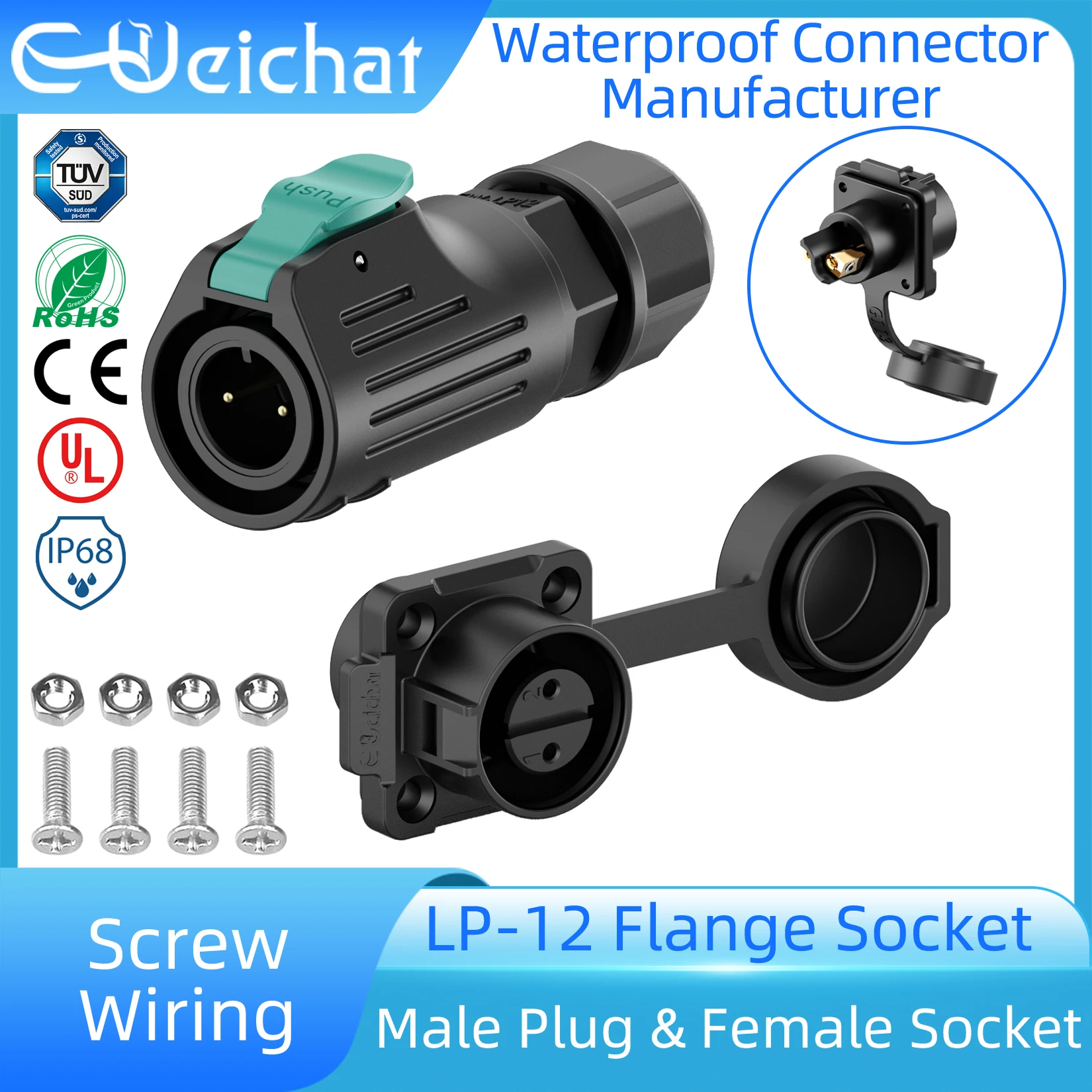 LP12 Screw Waterproof Power Adapter Wiring Industrial Circular Aviation Electrical Connector IP68 M12 2-8 Pin Flange Socket