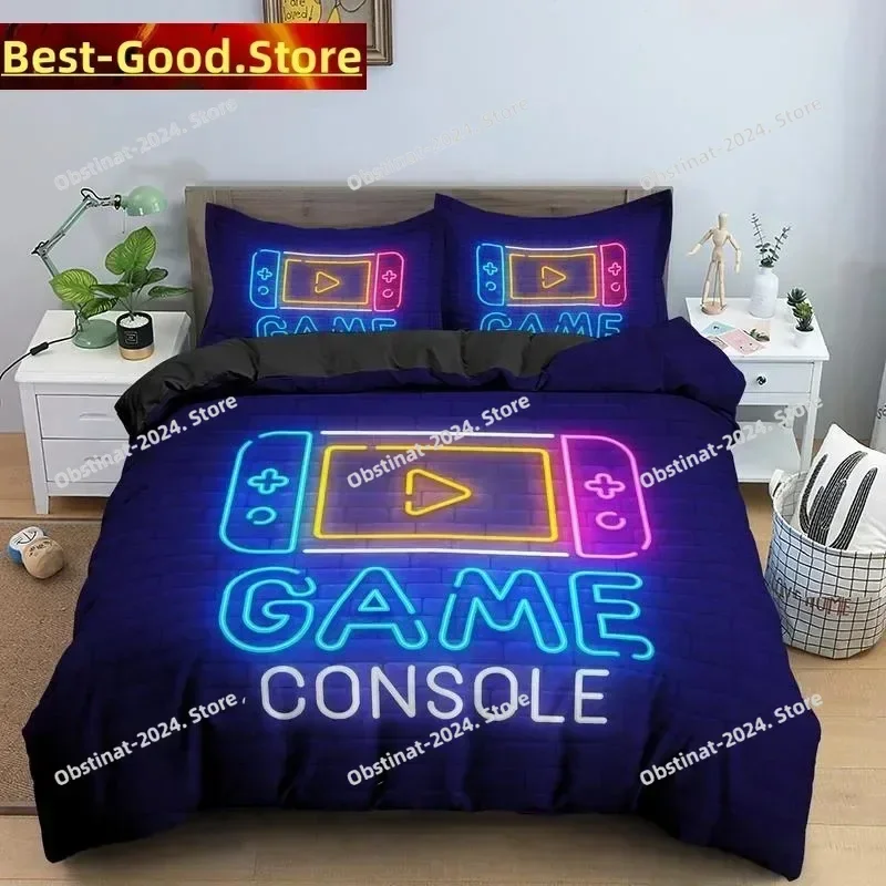 2025 Gaming Gamer Duvet Cover Set Gamepad Bedding Set,Video Game Soft Cover Neon Gamepad Geometry Brick Wall Design Quilt Cover