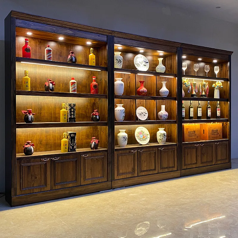 Baijiu Cabinet Firm Display Specialty Dry Goods Display Ceramic Tea Product Retro Solid Wood Shelf with