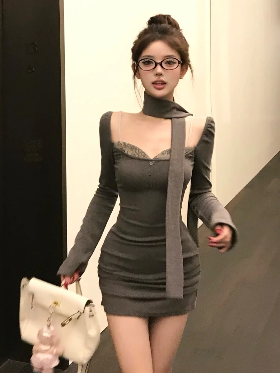 

Slimming Lace Strap Patchwork Dr Sexy Waist-Cinching Long Sve Bodycon Dr for Date And Daily Wear by Chinese