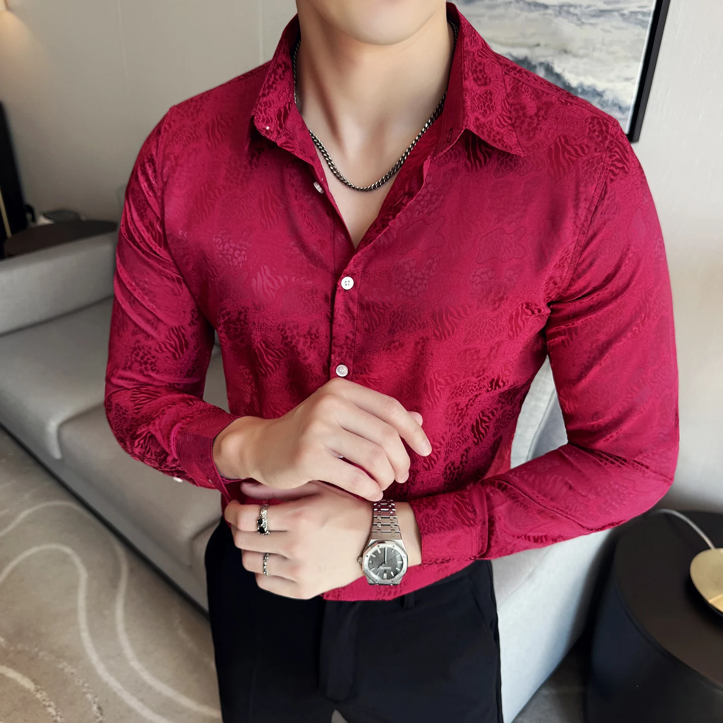 

Винтажный стиль вечеринки ​ ​ Рубашка с длинным рукавом с цветочным принтом — бордовый, красный (черный/белый), M-4XL, устойчивая к морщинам, всесезонная, легкая в уходе