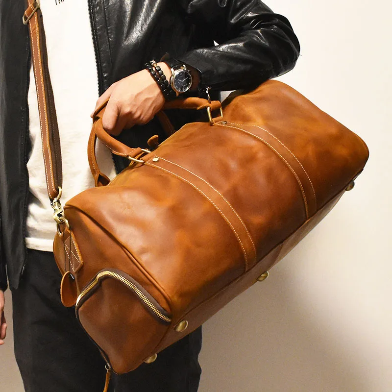 2023 Vintage Brown Natural Crazy Horse Leather Men's Travel Bags Perfect Quality Genuine   Totes With Shoe Case