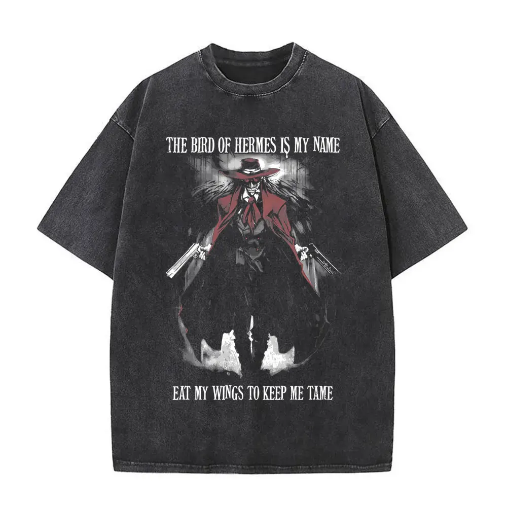 

Washed Vintage Anime Hellsing T Shirts Vampire Alucard Graphic T-shirt Men Women Manga Casual Streetwear Male Oversized T-shirts