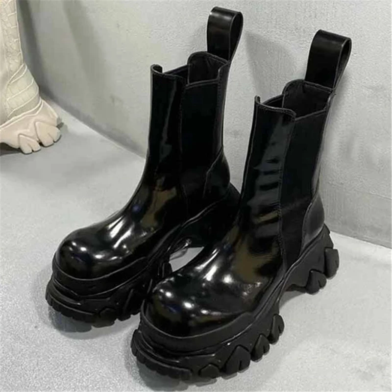 

Black Patent Leather Women Chelsea Boots Thick Sole Platform Shoes Woman Ladies Autumn Ankle Booties Slip-on Botas Mujer