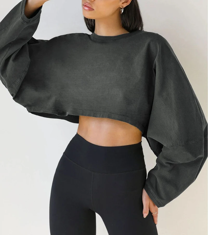 

Autumn Winter Women Cropped Sweatshirts Long Sleeve Solid Color Basic T-shirts Casual Loose Hoodies Streetwear Sport Pullovers