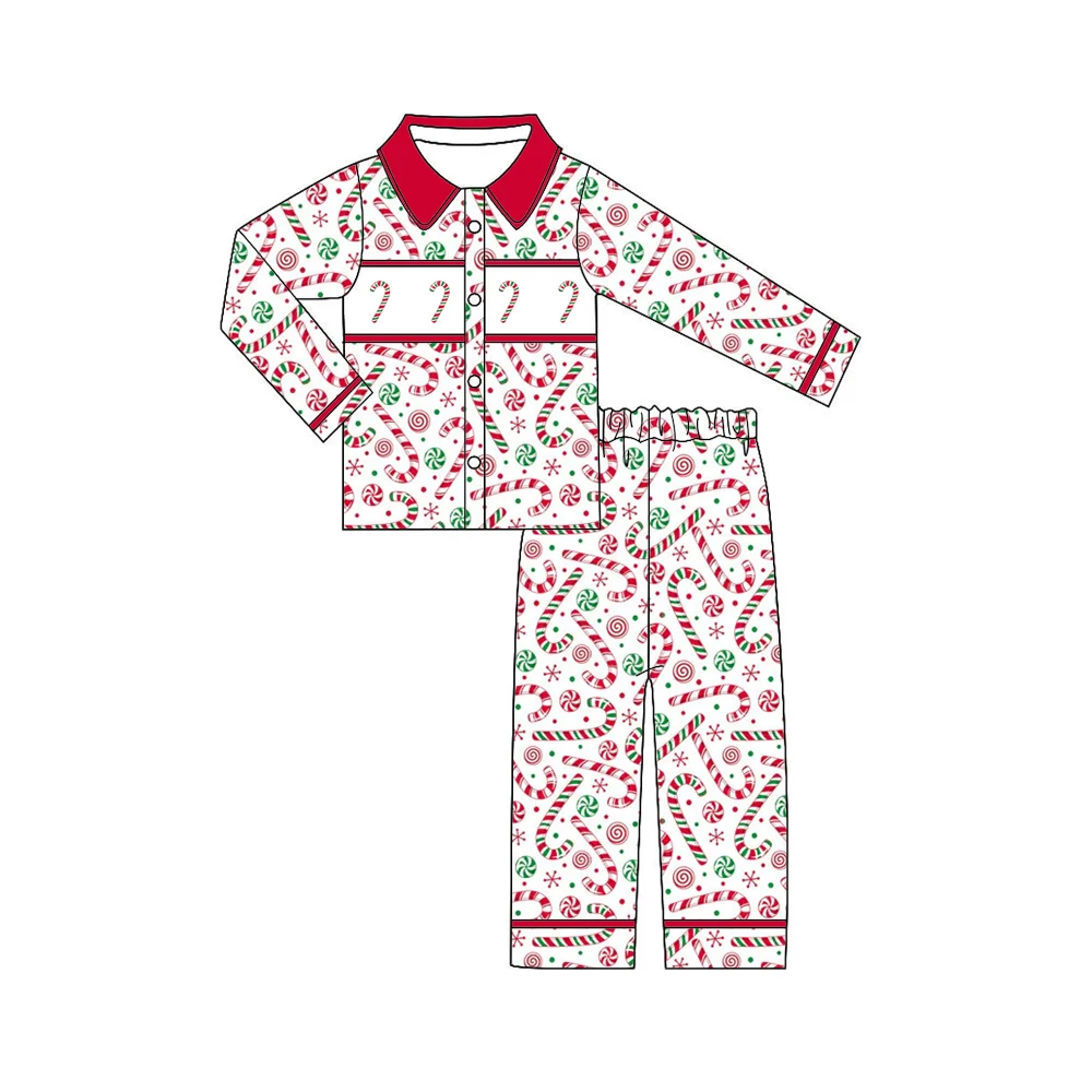 Boutique Boys and Girls Set Lapel Ruffle Puff sleeves Pair with Trousers Love Pocket Gifts Christmas tree and candy Print
