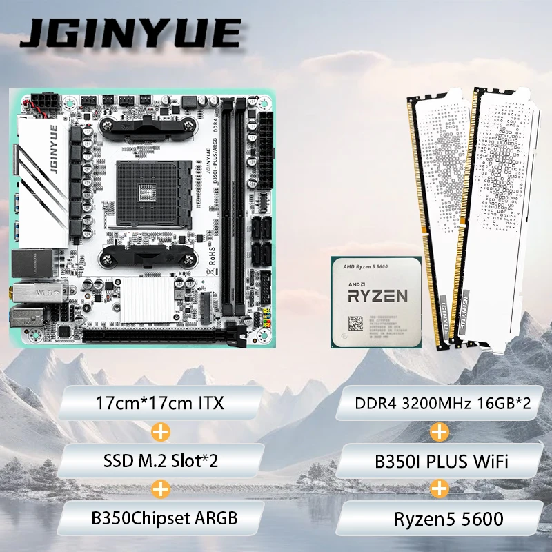 

JGINYUE B450 AM4 ITX Motherboard Kit Combo Ryzen5 5600 DDR4 3200MHz CL18 Hynix chip 32GB RAM Desktop PCIe3.0 ARGB WiFi6E BT5.2