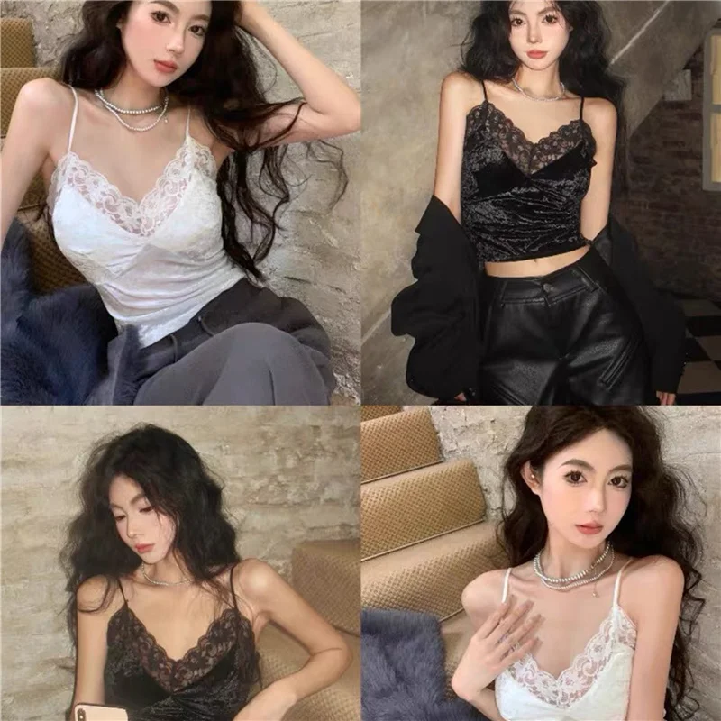 Faionable Gold Velvet Lace Trim Design Strap Vest Women's Autumn Winter Slimming Slim Fit Beautiful Ba Top Nylon Spandex