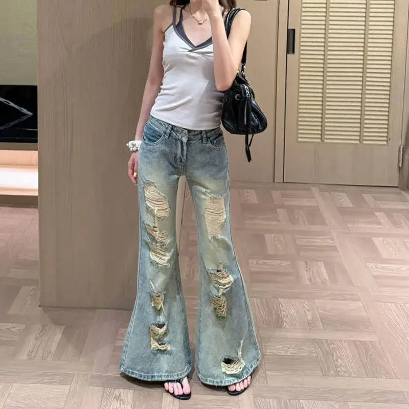 

American Distressed Ripped Slim Flare Jeans Women Vintage Denim Pants Summer Washed Low Waist Frayed Hole Streetwear Trousers