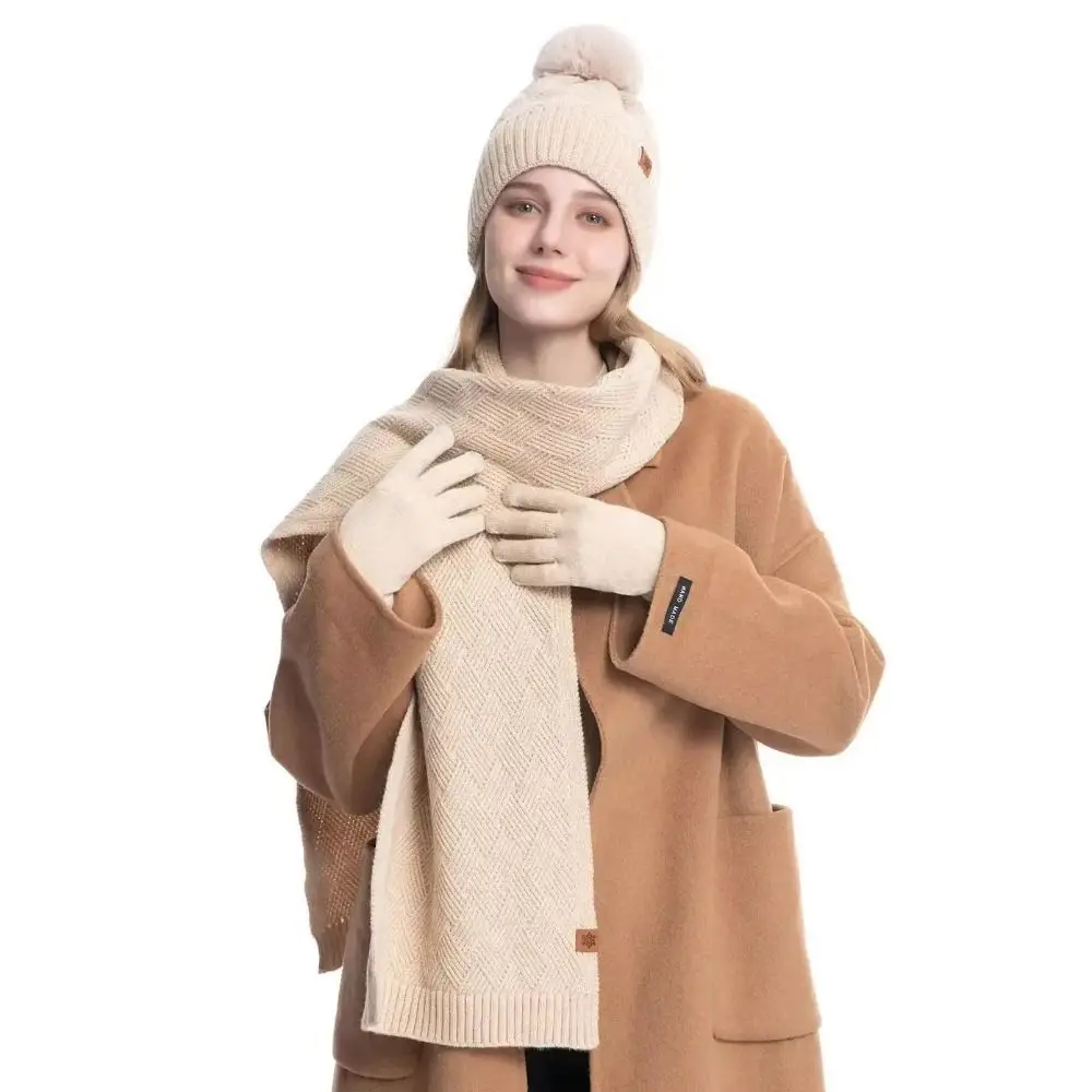 3pcs Neck Warmer Solid Color Hat Scarf Gloves Set Warm Thicken Thermal Knit Cap Wool Fashion Winter Beanie Hat Outdoor