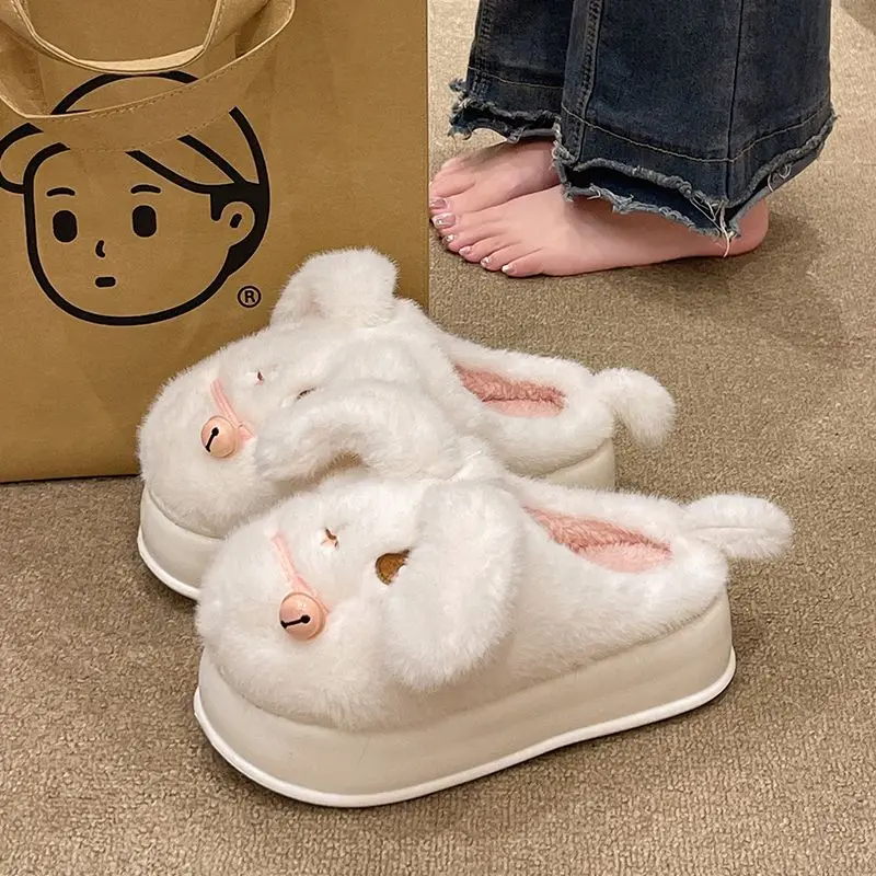 Cute Puppy Bell Women's Winter Slippers Closed Toe Thick Platform High Heel Indoor Home Outdoor Cotton Warm