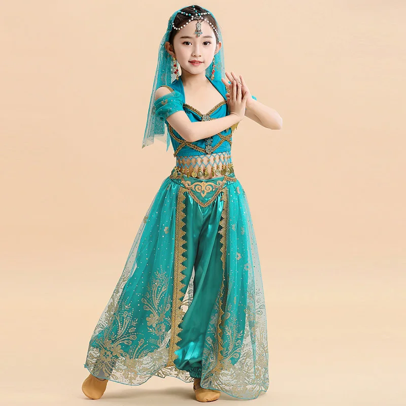 Vestido de princesa de Halloween para niños, conjunto de baile indio, vestido de actuación para niña, princesa Jasmine, lámpara de Aladdín