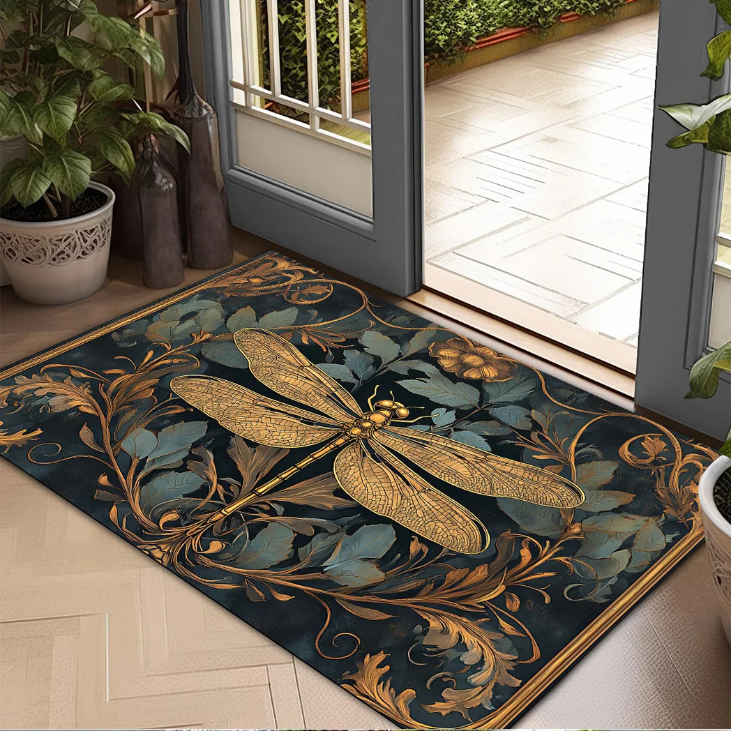 VIKAMA Vintage Golden Dragonfly Oil Painting Doormat Luxury Floral Non Slip Front Door Entrance Floor Mat