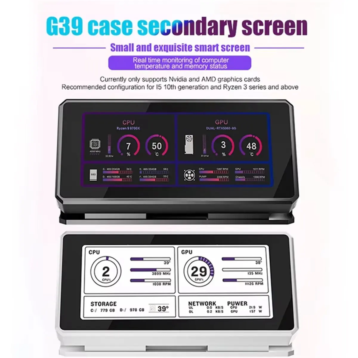 3.39-Inch Desktop Computer Secondary Monitor IPS USB Secondary Screen CPU GPU RAM USB Display USB Freely Black