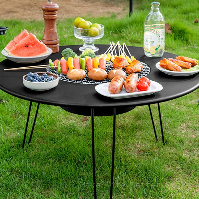 Round Table Stove Folding Barbecue Furnace Portable Camping BBQ Charcoal Grill With Storage Bag Patio Tea Boiling