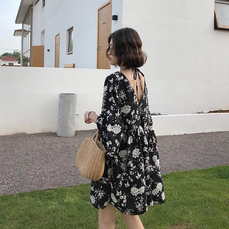 Summer Large Size Women's Dr Floral V-Ne A-Line Skirt ort Sve Korean Sle Commute Loose Waist Chiffon Dr