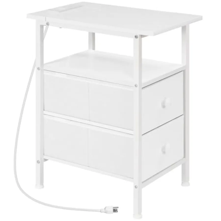 

End Table with Charging Station Narrow Side Table Nightstand with 2 Non-Woven Drawers Slim Sofa Side Table for Small Spaces Liv