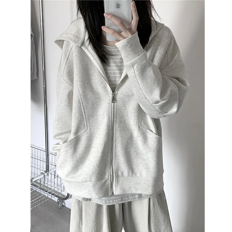 

Толстовка с капюшоном на молнии в стиле ретро, кардиган, свободный ленивый дизайн, осень-зима, белая цветная блузка, молодежная повседневная верхняя одежда