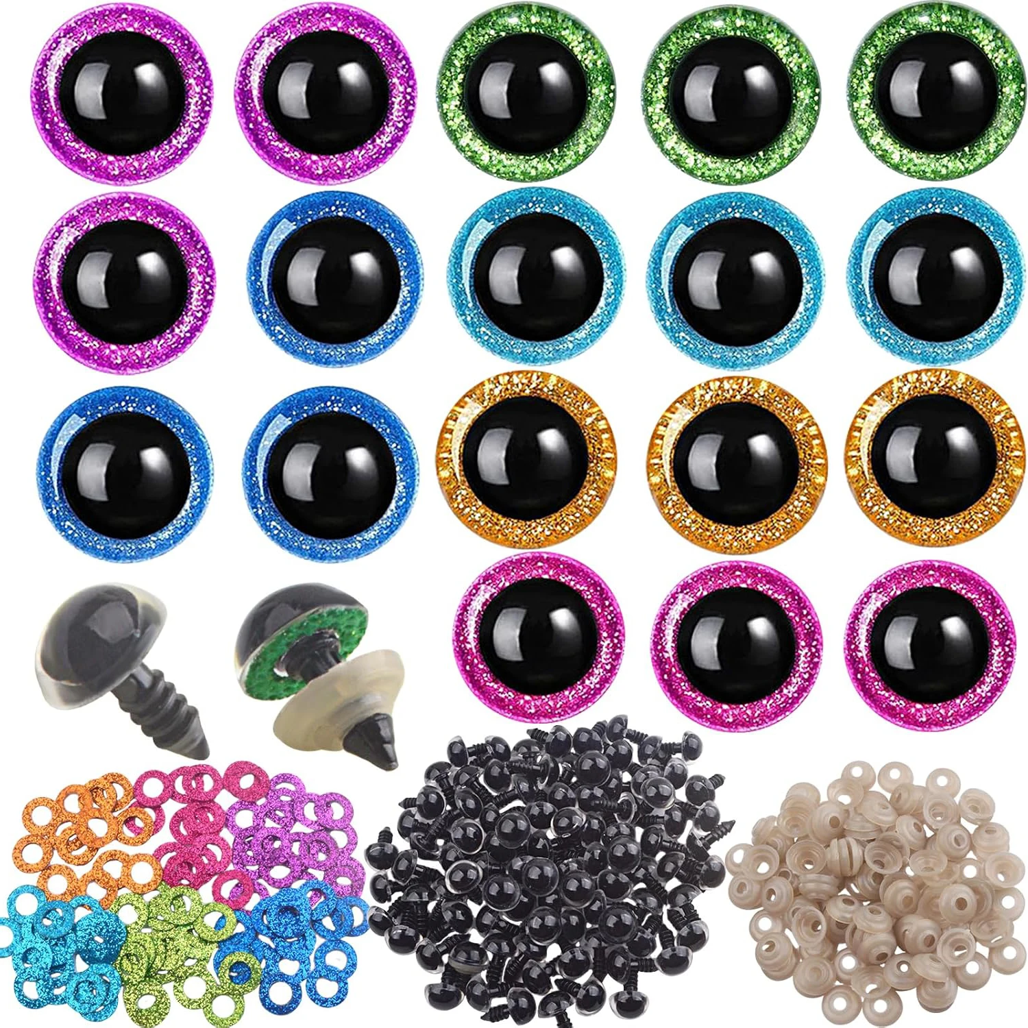 

240pcs Glitter Plastic Safety Eyes for Amigurumi, Sparkle Craft Doll Eyes with Washers for Plush Stuffed Animals Crochet Bear