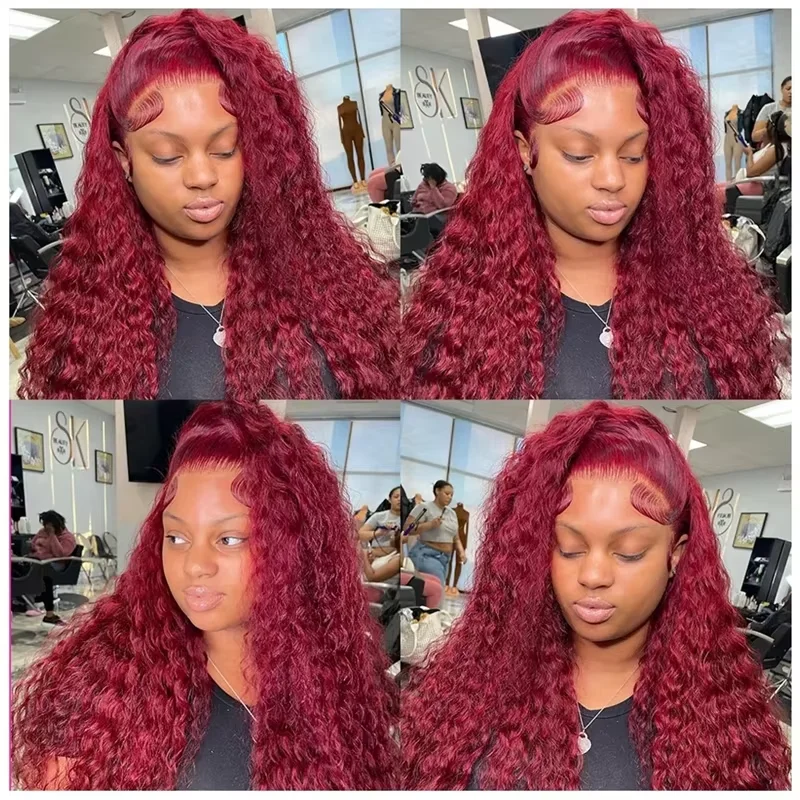 200 Density 99j Burgundy Deep Wave Wig 30 Inch 13x4 Hd Lace Frontal Wig 100% Curly Human Hair Red Colored Deep Wave Frontal Wig