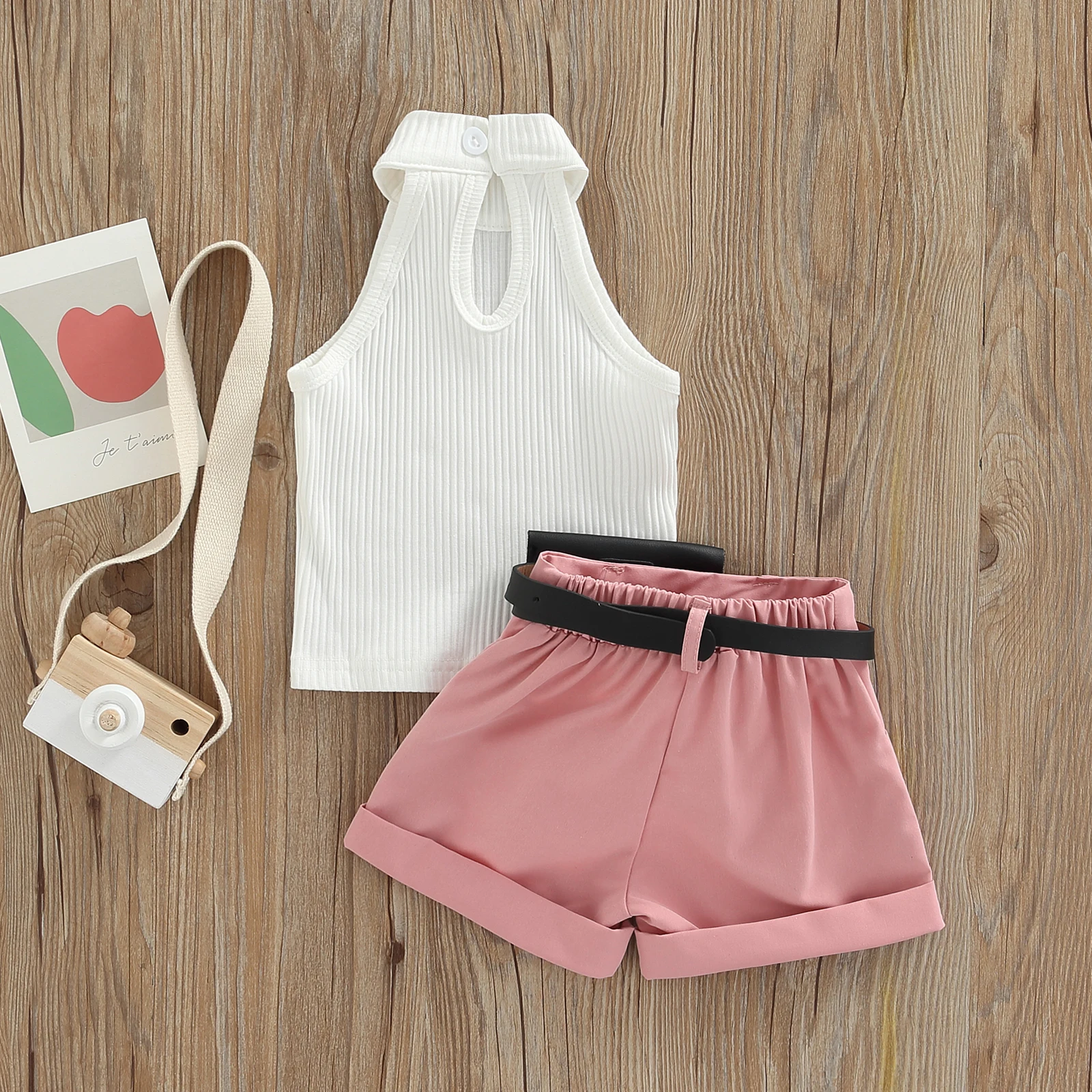 2022-03-02 Lioraitiin 0-4Years Toddler Little Girls 3Pcs Solid Ribbed Stand-Up Collar Tops Belted Short Pants Small Waist Pack image 6