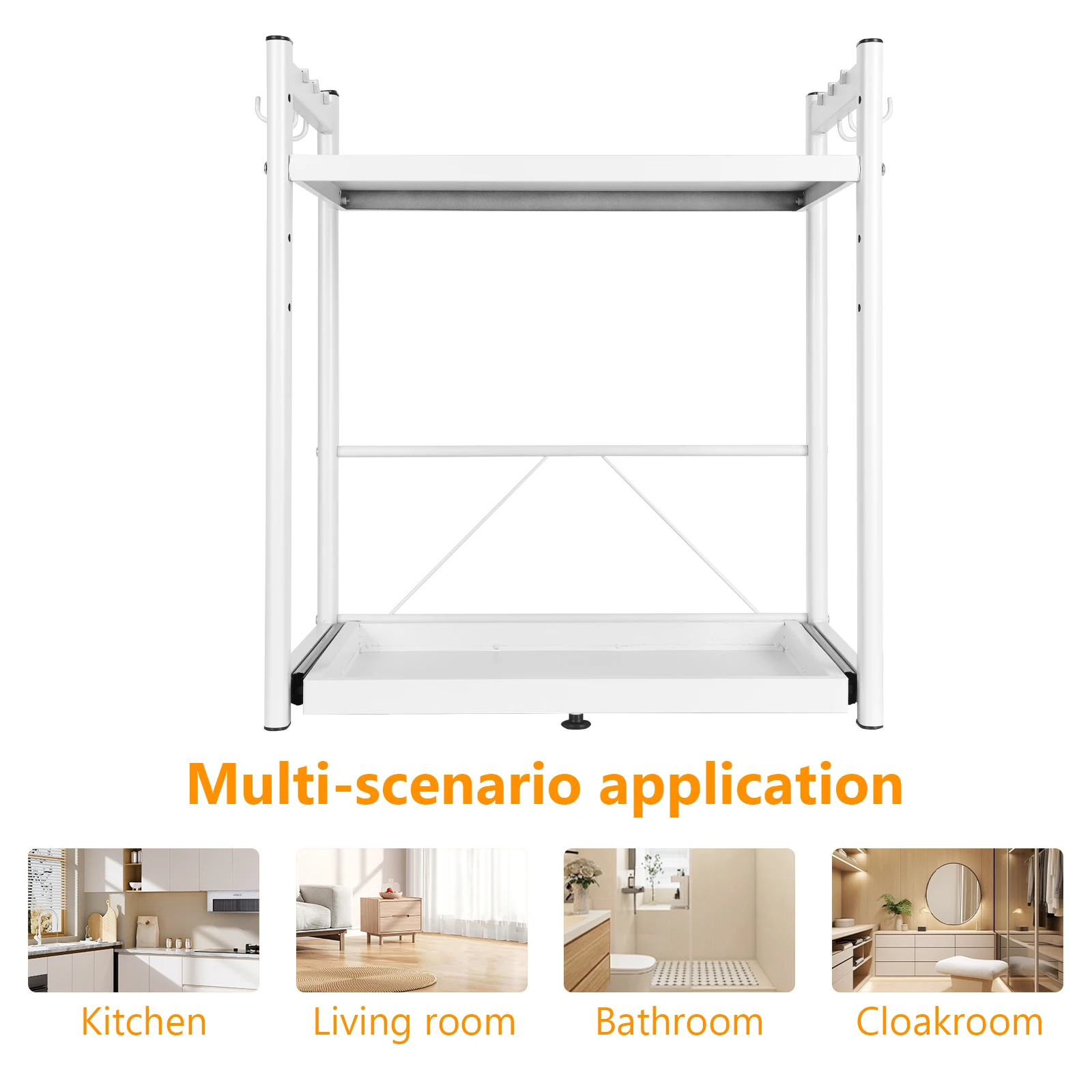 

Expandable Microwave Rack with Hooks Carbon Steel Non Slip Over Countertop Microwave Stand Adjustable Kitchen Storage Solution