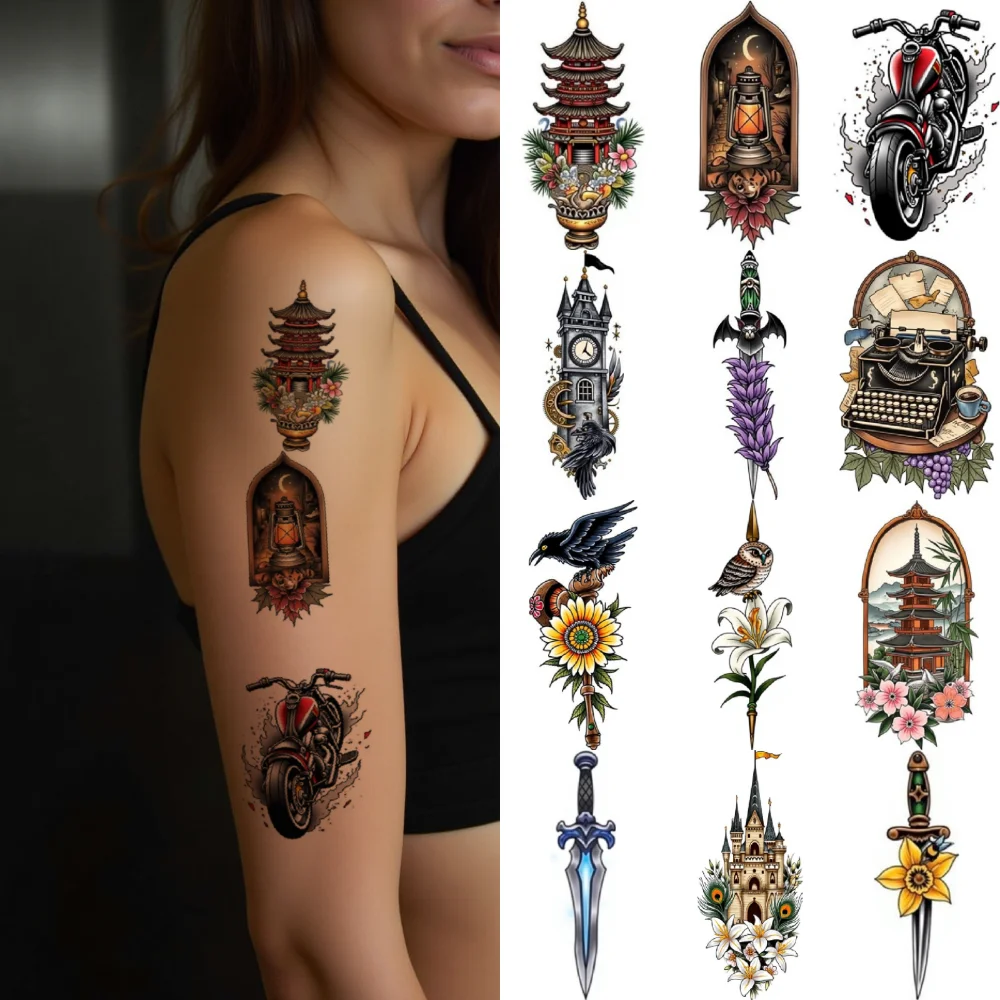 

28pcs Temporary Tattoo Typewriter Temporary Tattoo Stickers Motorcycle Sword New School Traditional Pagoda For Men Women