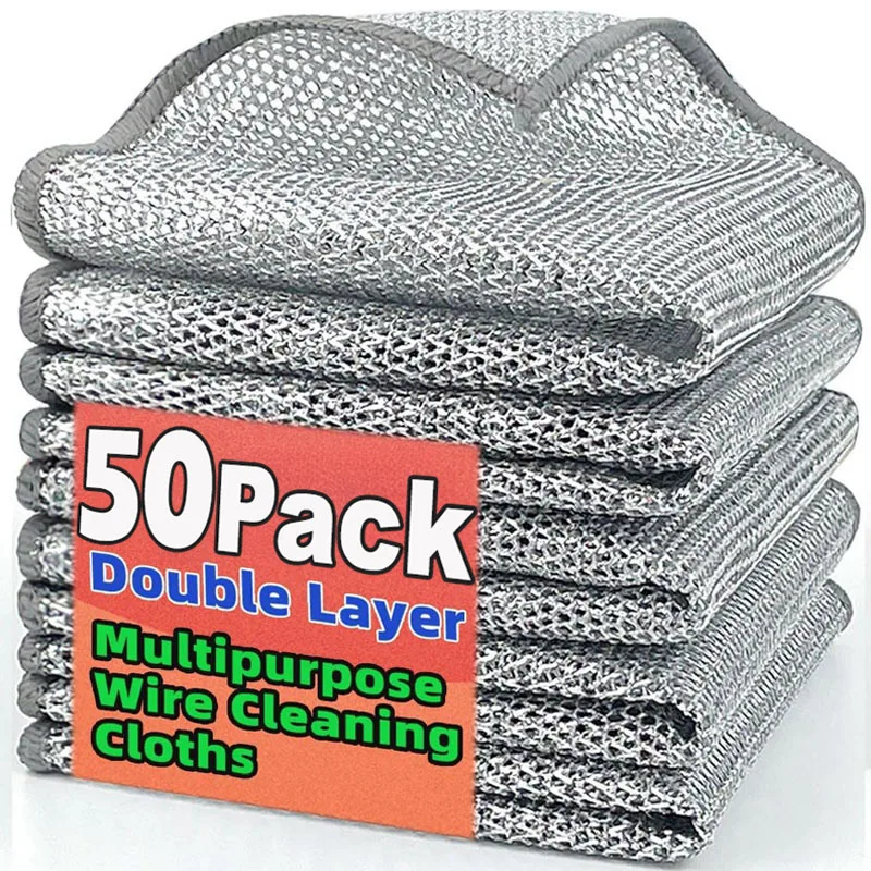 

1/50pcs Magic Dishcloth Silver Wire Cleaning Kitchen Cloth Thickened Microfiber Wash Towel Built-in Sponge Steel Wire Ball Rag