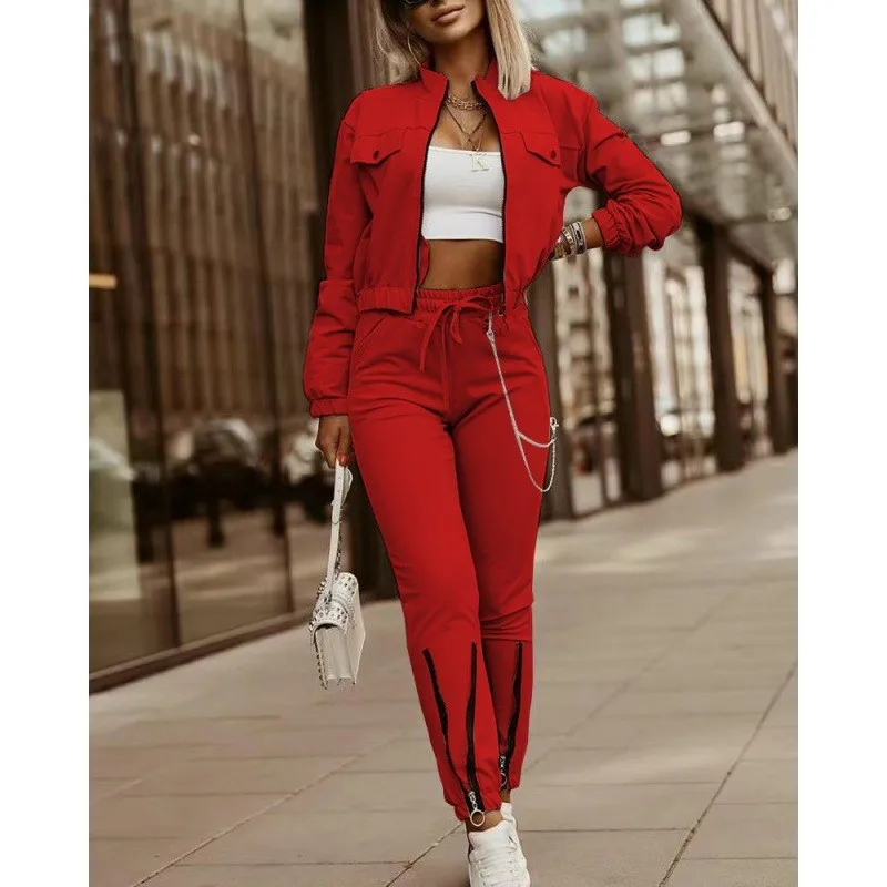 Autumn Women's Suit Set New Zipper Short Long Sleeve Jacket Solid Fashion Lace Up Casual Sports Small Foot Pants Female 2 Piece