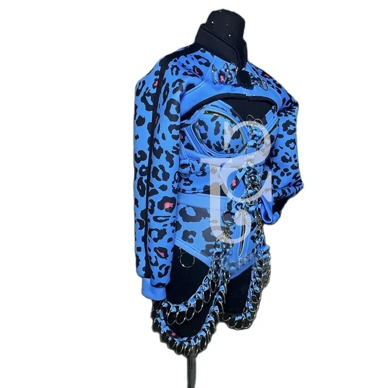 Sexy Gogo Dance Clothing Pole Dance Costume Women Blue Leopard Chain Bodsyuit Rave Outfit