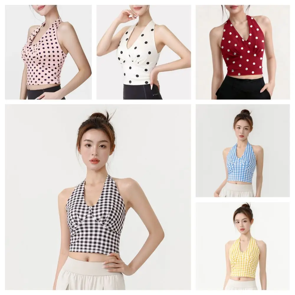 Y2K V-Neck Yoga Vest Plaid Fixed Pad Sports Bra Slim Fit Backless Push-Up Tank Top Summer Wear