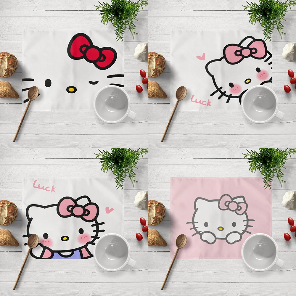 1pc HelloKitty Face Shape Linen Non-slip Table Mat Rectangular Hand Washable Placemat Suitable for Kitchen Home Decoration 45x30