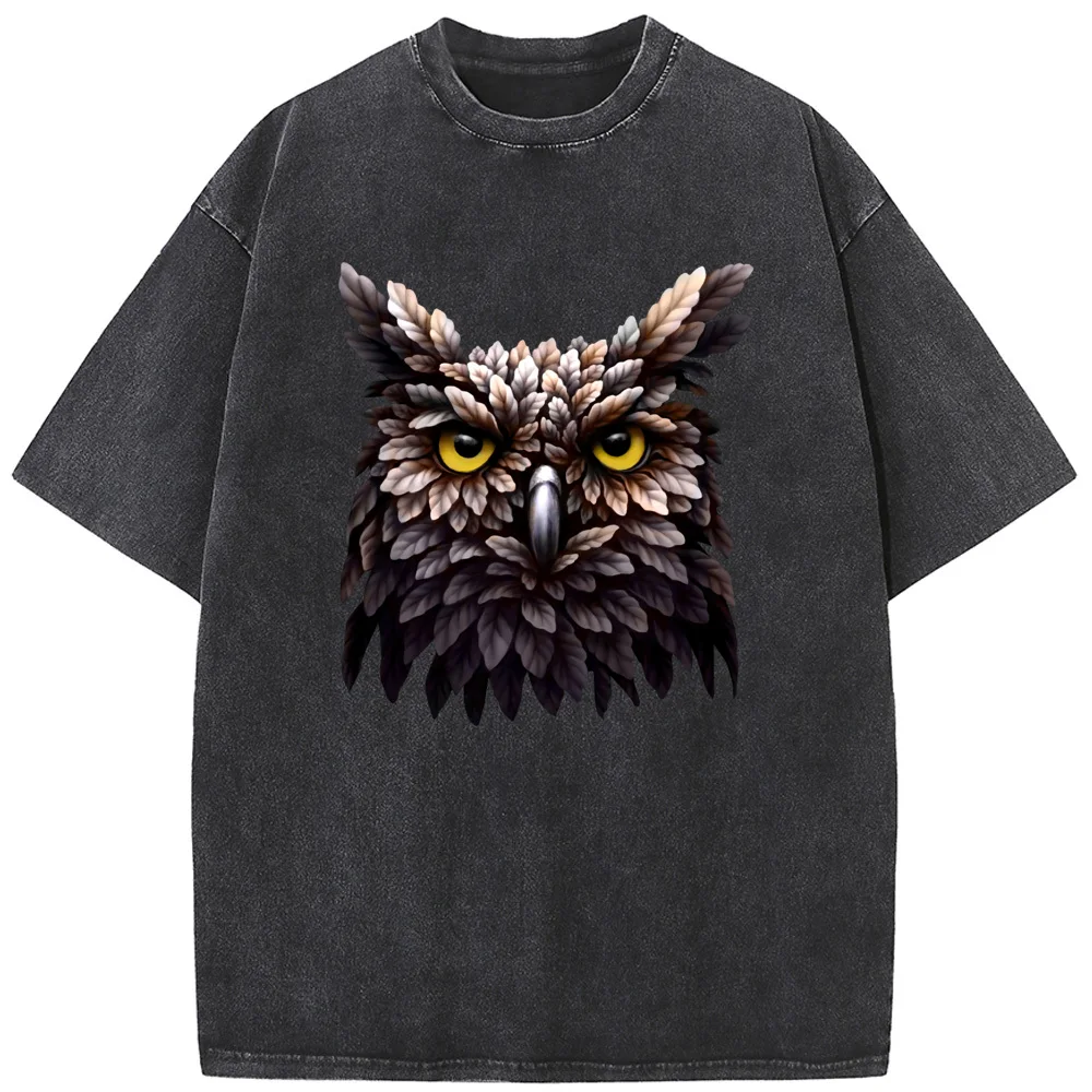 Men's Forest Owl Short Sleeve Shirt 230g Cotton O-Neck Washed T-Shirt Novelty Casual Loose Bleach T shirt Summer Bleached Tshirt