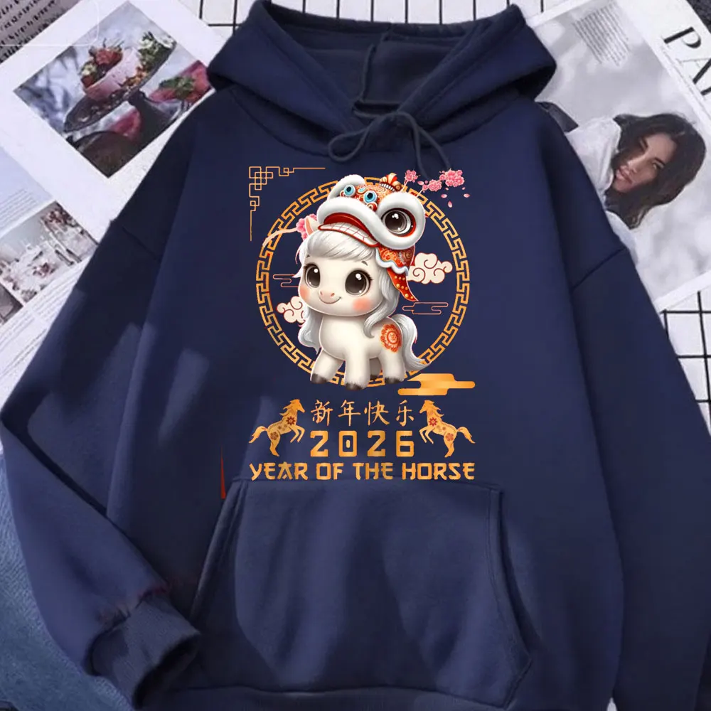 Jahr des Pferdes 2026 Chinesisches Mondneujahr 2026 Damen Hoodie Familie Party Pullover Niedliche Tiere Bedruckte Hoody Tops