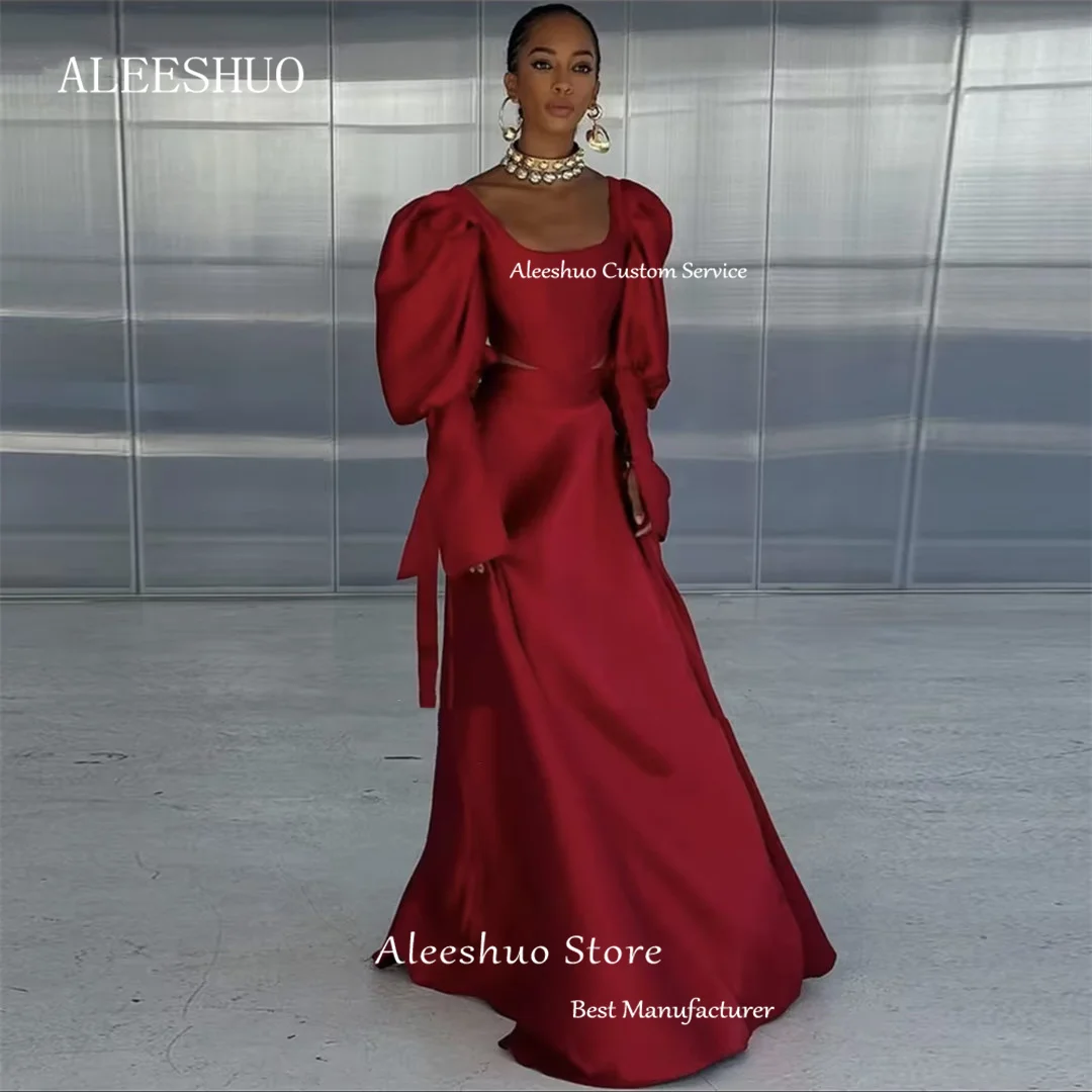 Aleeshuo Simple Red Satin Long Sleeves Prom Dress Sexy Square Collar Pleat Backless Party Dresses Floor-Length 2025 Customized