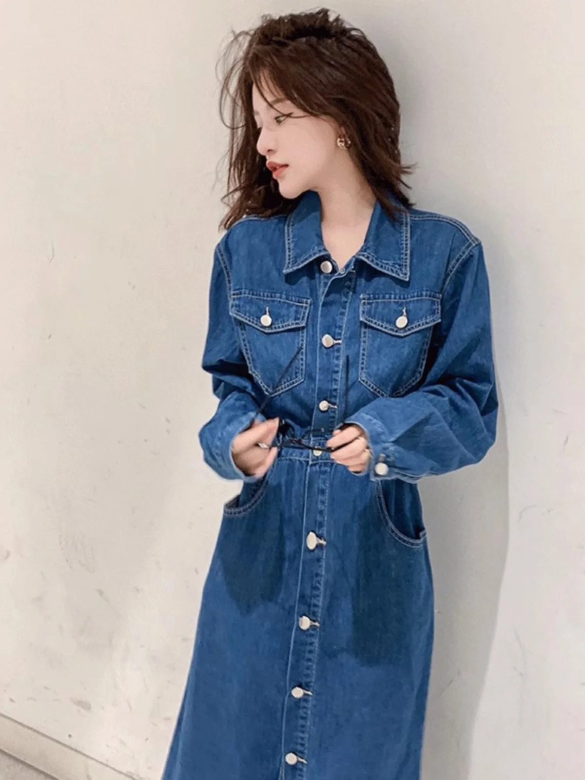 فستان قميص دينم بأكمام طويلة بتصميم عصري راقي للخريف للسيدات، تنورة على شكل حرف a على الطراز الكوري