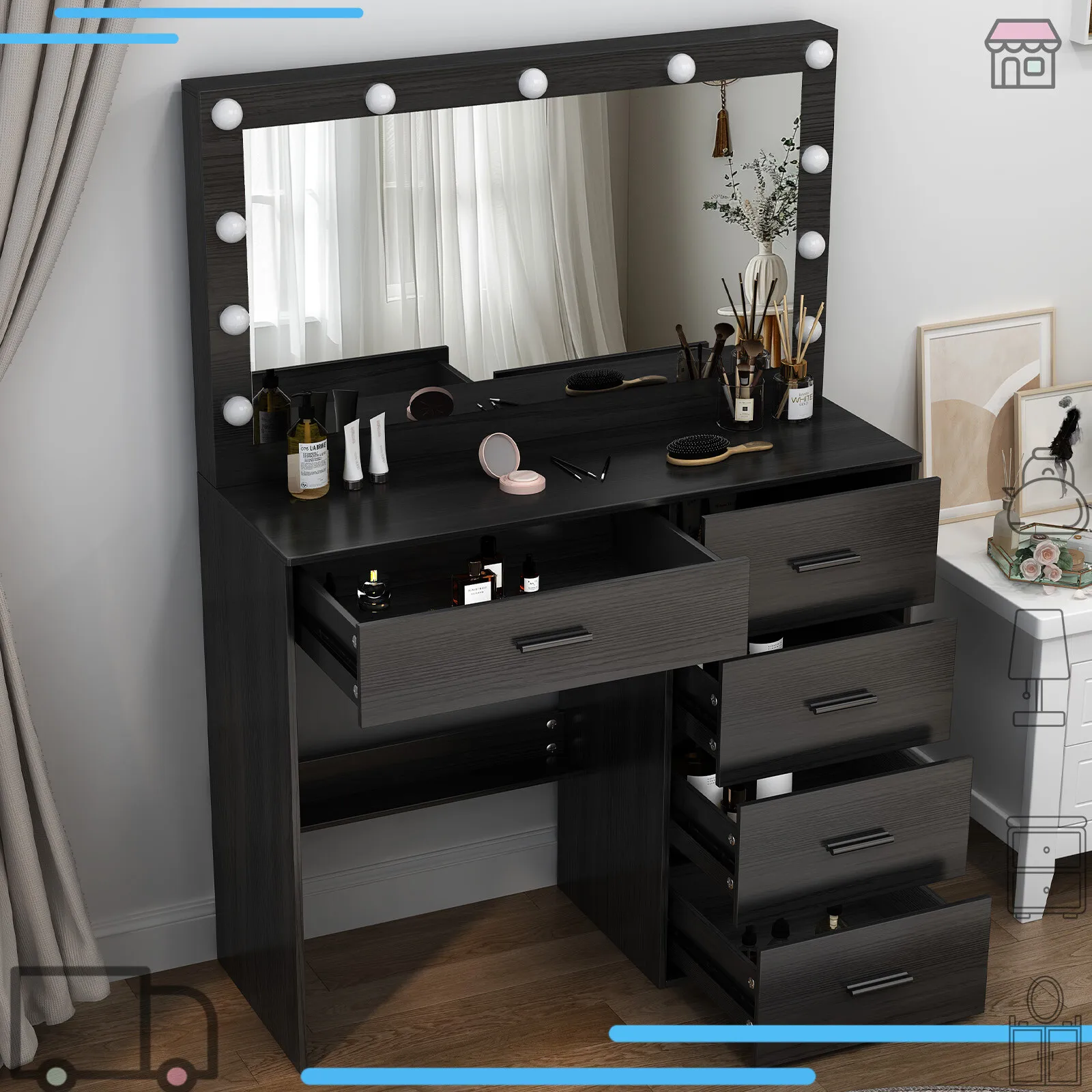 طاولة زينة سوداء مع أضواء LED ومرآة وطاولة مكياج وطاولة مكياج و5 أدراج #5