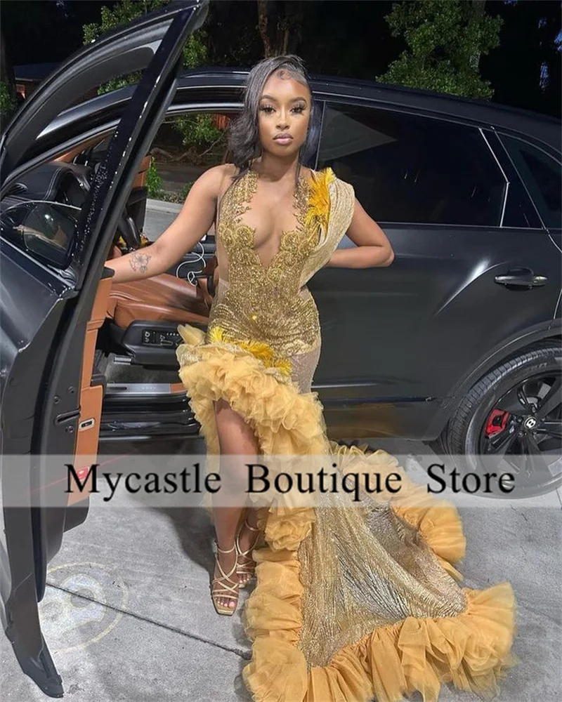 Luxury Gold Beaded Ruffles Prom Dress 2024 For Black Girl Rhinestones Crystal Mermaid Formal Party Dress Side Slit Evening Dress