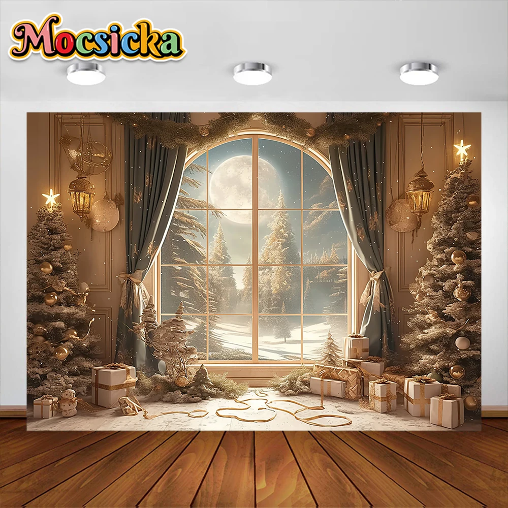 خلفية التصوير الفوتوغرافي تحت عنوان عيد الميلاد ، شجرة عيد الميلاد ، نافذة القمر ، ديكور الحفلات ، صورة عائلية ، خلفية صورة للاستوديو ، الأطفال