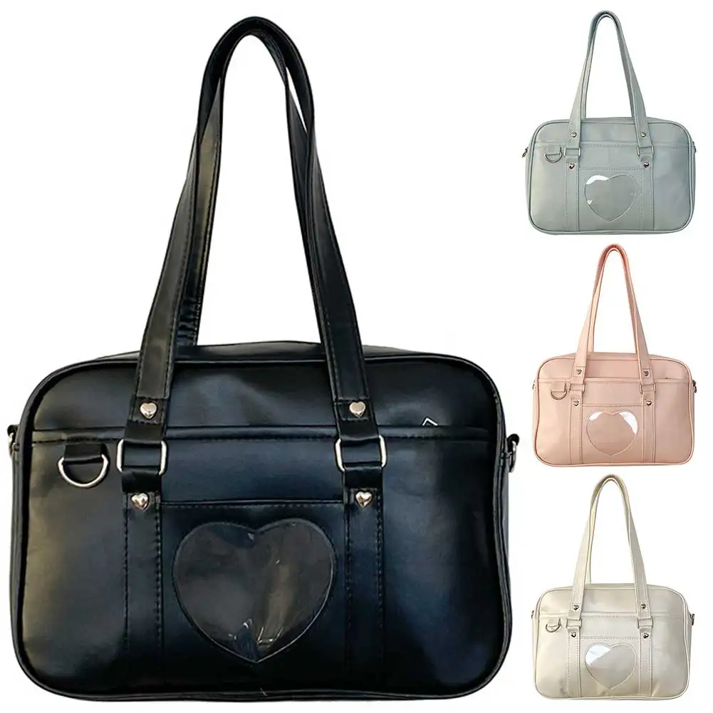 

Women Girls Cosplay Satchels Transparent Love Heart PU Jk School Handbag Adjustable Strap Japanese School Bag for Outdoor Travel