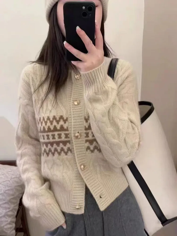 

100% Pure Wool Knit Cardigan Women's 2025 Autumn/Winter New Round Neck Korean Fashion Color Blocked Coat Sweater Cashmere Jacket