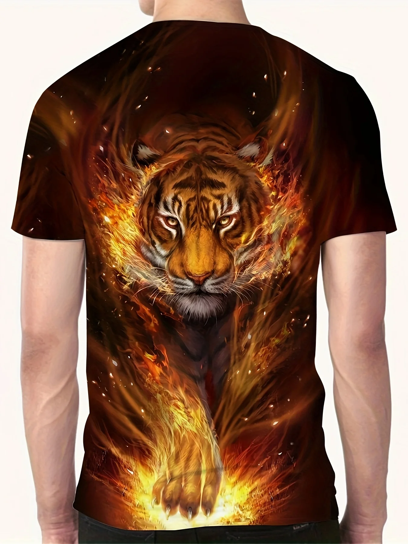 Cool Tiger Digital Graphic Print Men\'s Short Sleeve Crew Neck T-shirt, Summer Outdoor Streetwear