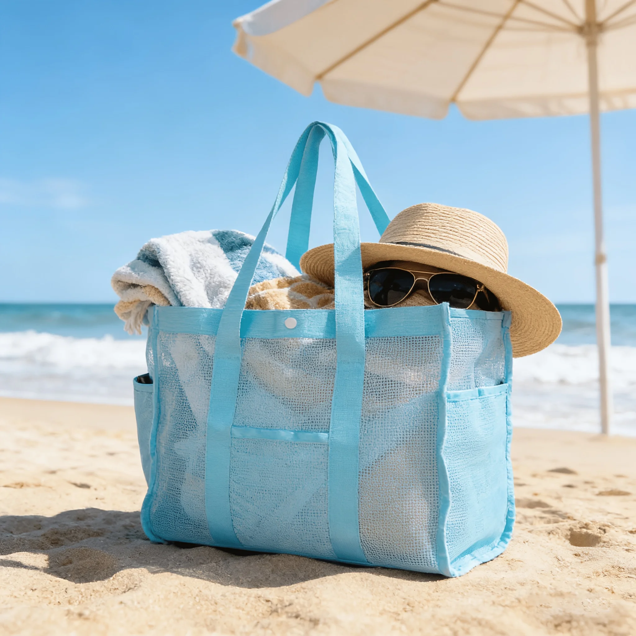 Mesh Breathable Toiletry Bag Multi Functional Organizer Pouch Beach Storage Bag Grid Tote Bag Women Travel Daily Use Outdoor